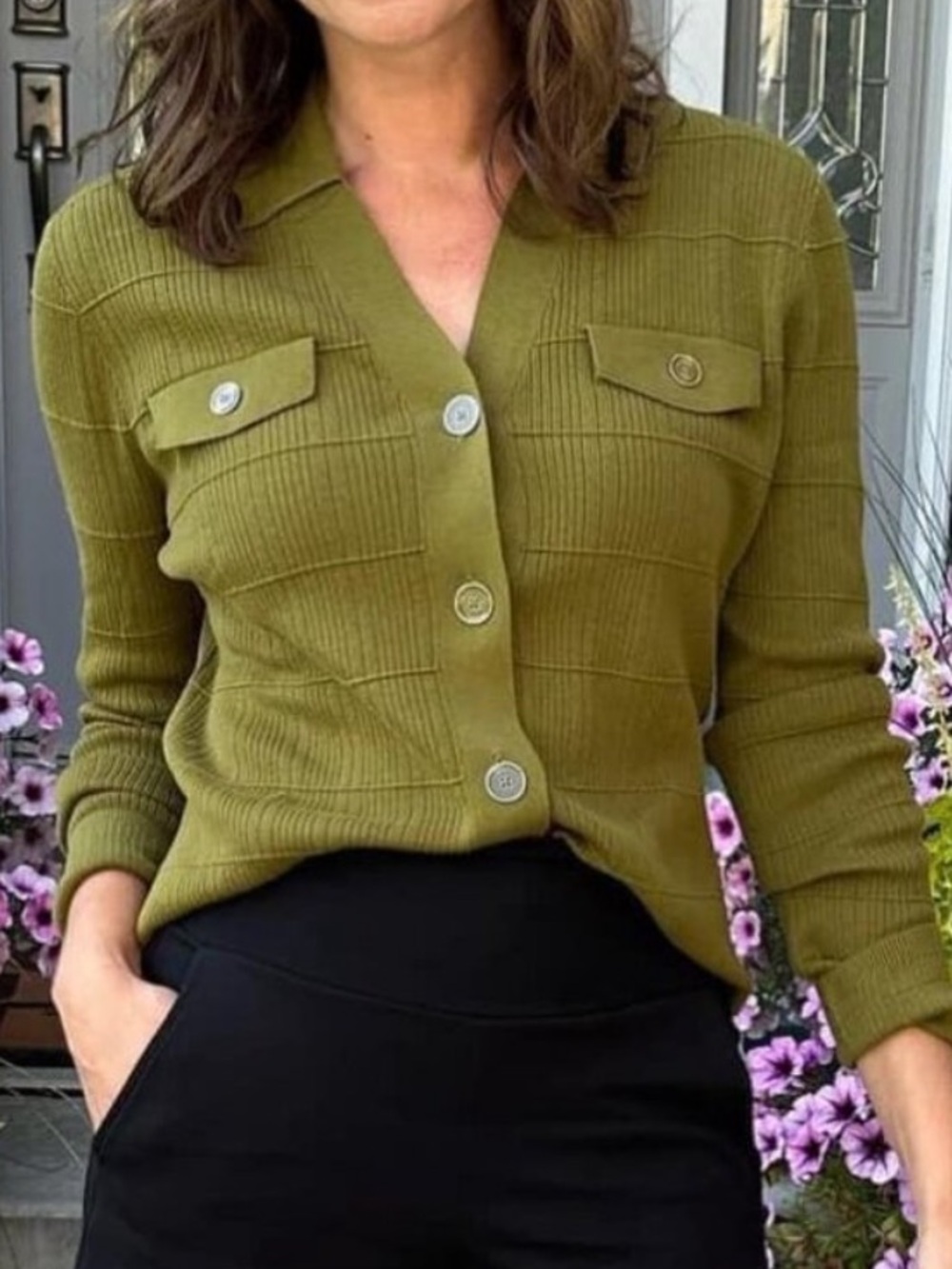 Cabi Exec Cardigan #4470 Olive Green Ribbed Button-Up Cardigan